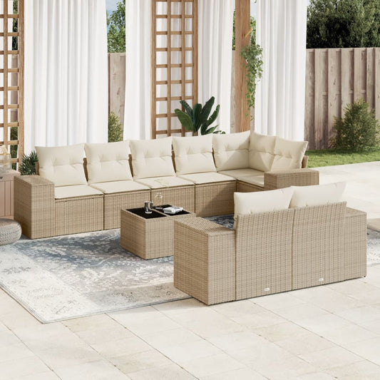 9-tlg. Garten-Sofagarnitur mit Kissen Beige Poly Rattan