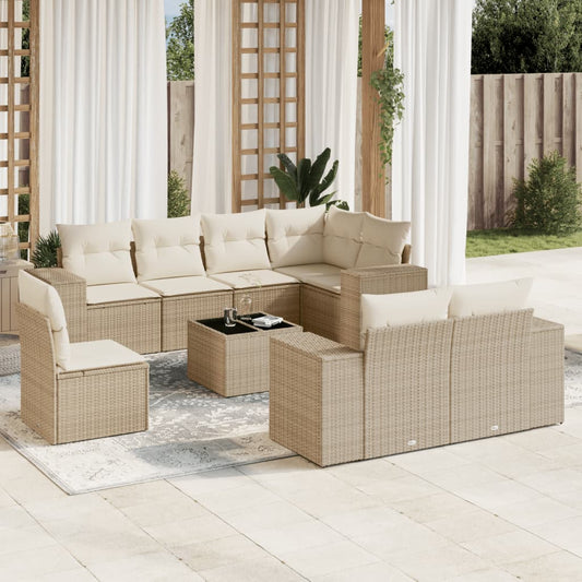 9-tlg. Garten-Sofagarnitur mit Kissen Beige Poly Rattan