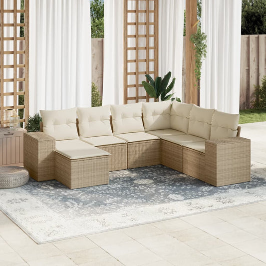 7-tlg. Garten-Sofagarnitur mit Kissen Beige Poly Rattan