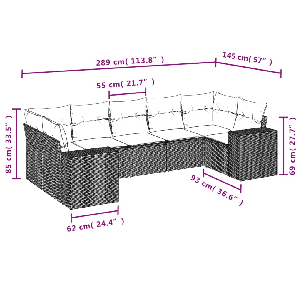 7-tlg. Garten-Sofagarnitur mit Kissen Schwarz Poly Rattan