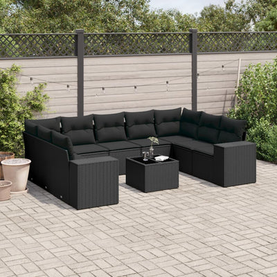 10-tlg. Garten-Sofagarnitur mit Kissen Schwarz Poly Rattan