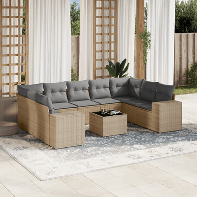 10-tlg. Garten-Sofagarnitur mit Kissen Beige Poly Rattan