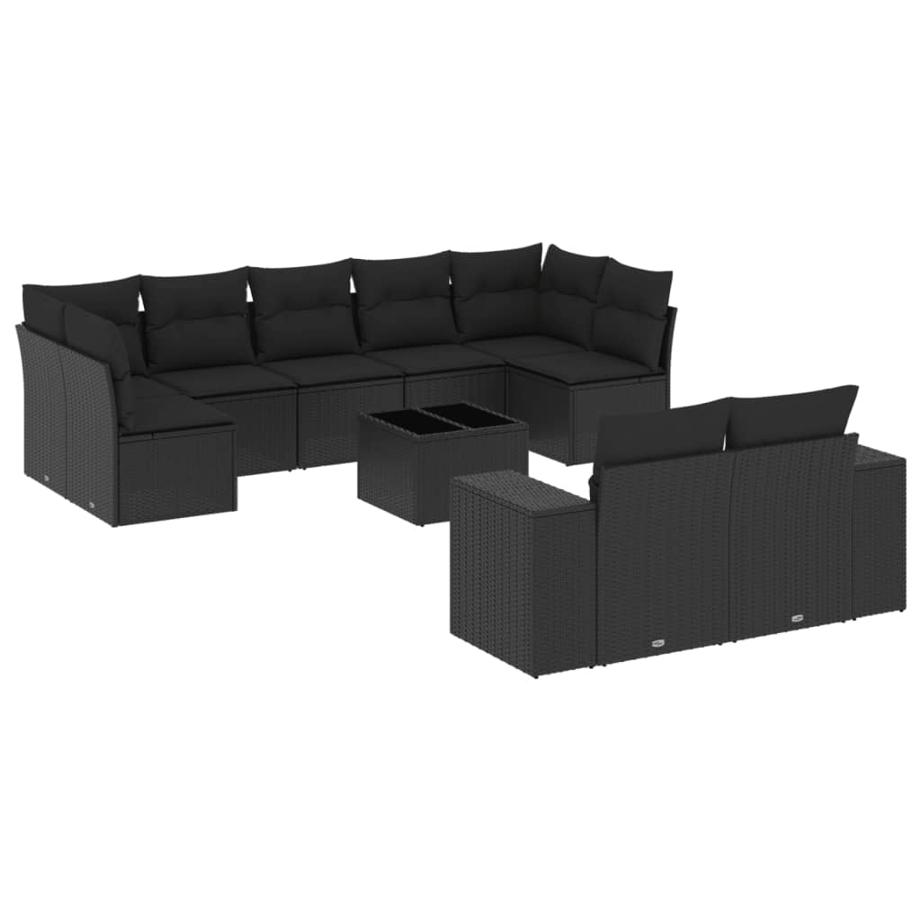 10-tlg. Garten-Sofagarnitur mit Kissen Schwarz Poly Rattan