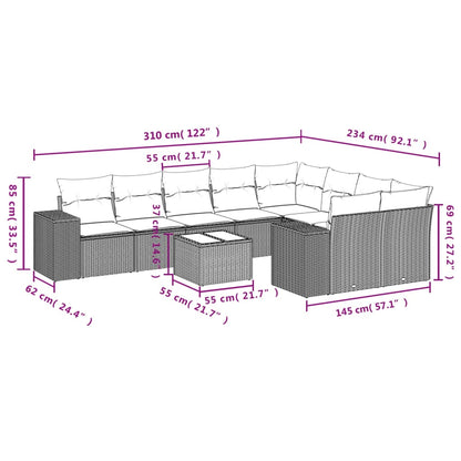 10-tlg. Garten-Sofagarnitur mit Kissen Grau Poly Rattan