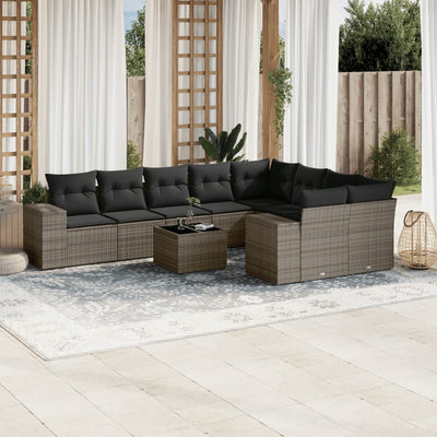 10-tlg. Garten-Sofagarnitur mit Kissen Grau Poly Rattan