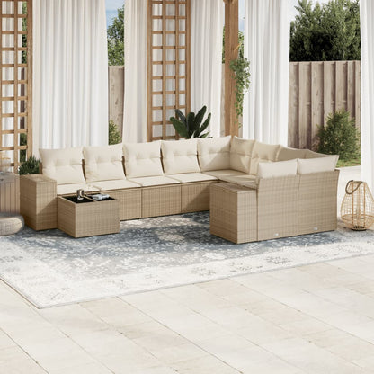 10-tlg. Garten-Sofagarnitur mit Kissen Beige Poly Rattan