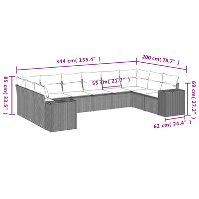 10-tlg. Garten-Sofagarnitur mit Kissen Grau Poly Rattan