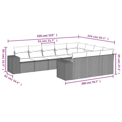 10-tlg. Garten-Sofagarnitur mit Kissen Schwarz Poly Rattan