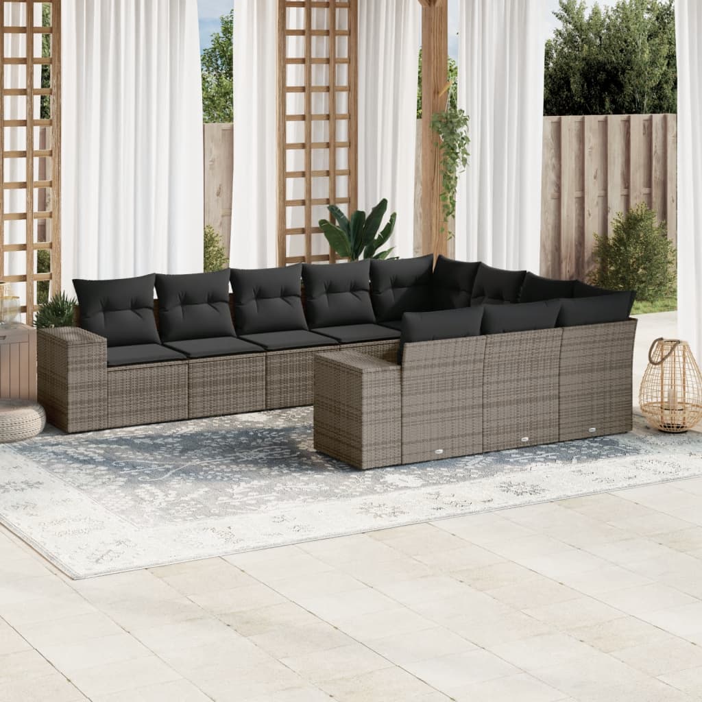 10-tlg. Garten-Sofagarnitur mit Kissen Grau Poly Rattan