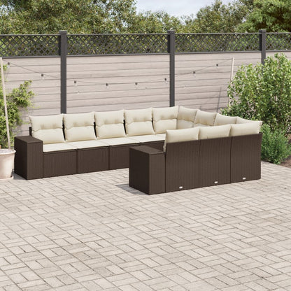 10-tlg. Garten-Sofagarnitur mit Kissen Braun Poly Rattan