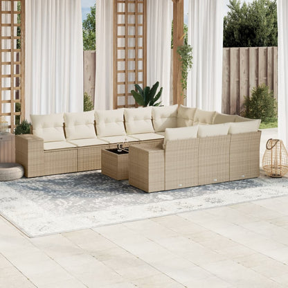 11-tlg. Garten-Sofagarnitur mit Kissen Beige Poly Rattan