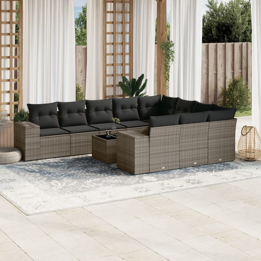 11-tlg. Garten-Sofagarnitur mit Kissen Grau Poly Rattan