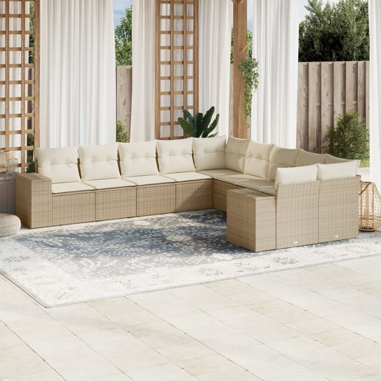 10-tlg. Garten-Sofagarnitur mit Kissen Beige Poly Rattan