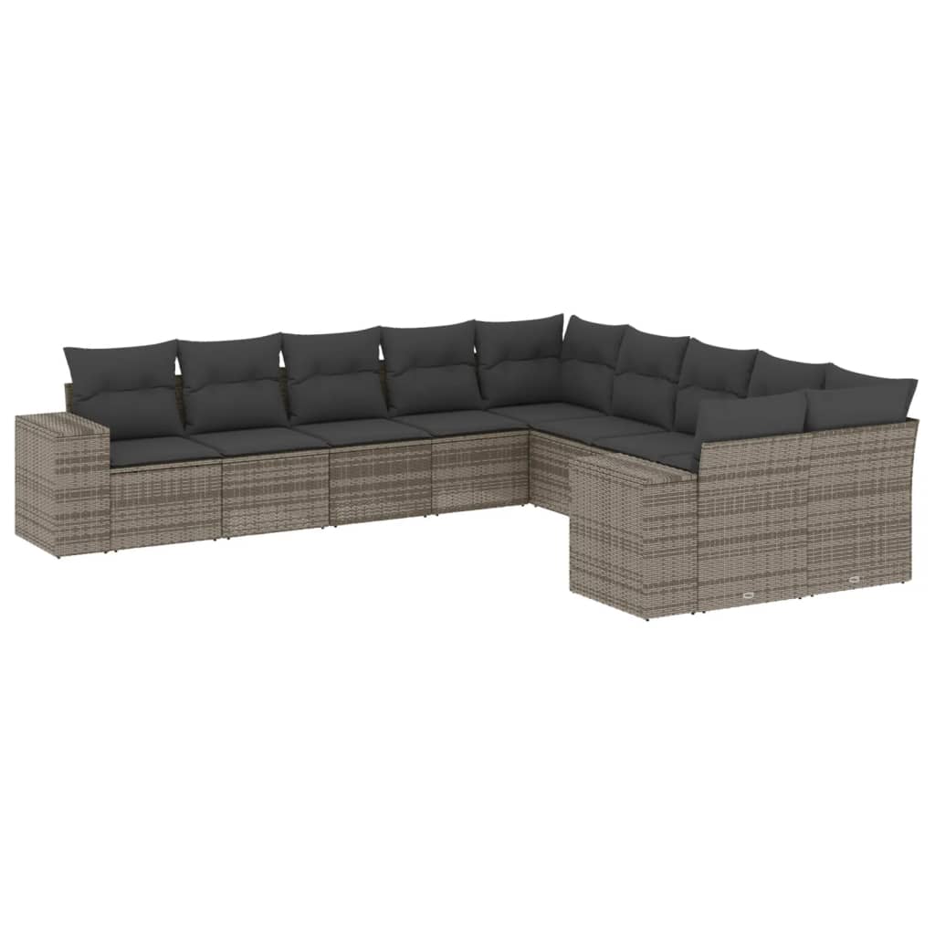 10-tlg. Garten-Sofagarnitur mit Kissen Grau Poly Rattan