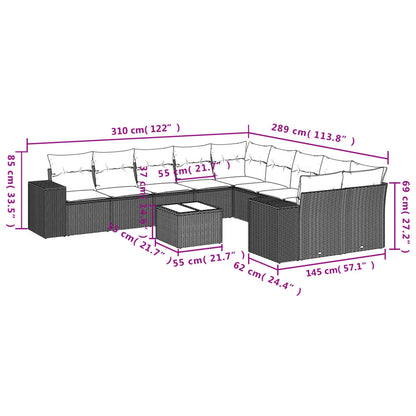 11-tlg. Garten-Sofagarnitur mit Kissen Schwarz Poly Rattan