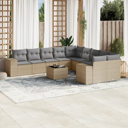 11-tlg. Garten-Sofagarnitur mit Kissen Beige Poly Rattan