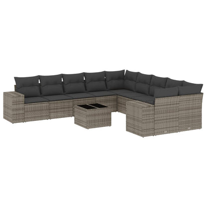 11-tlg. Garten-Sofagarnitur mit Kissen Grau Poly Rattan