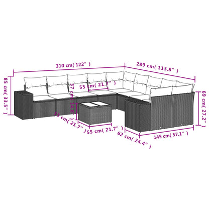 11-tlg. Garten-Sofagarnitur mit Kissen Grau Poly Rattan