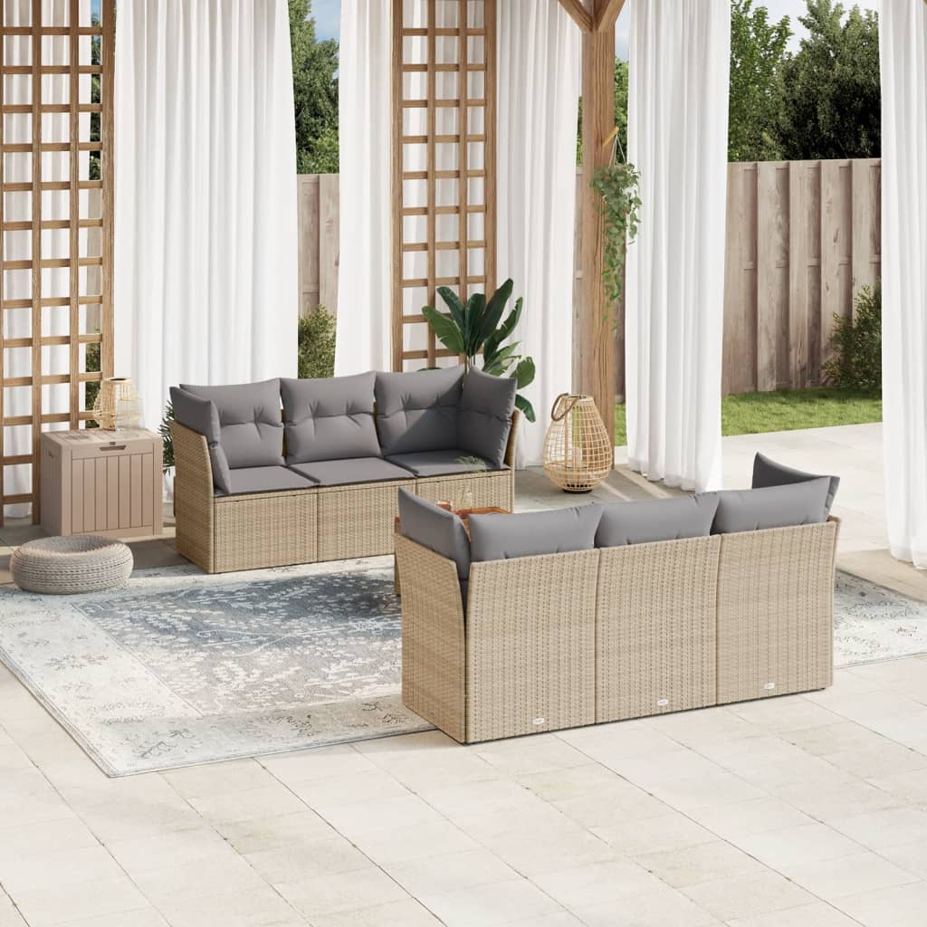 7-tlg. Garten-Sofagarnitur mit Kissen Beige Poly Rattan