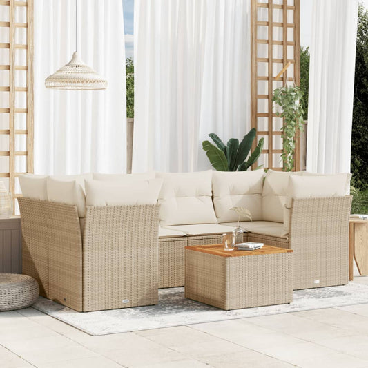 7-tlg. Garten-Sofagarnitur mit Kissen Beige Poly Rattan