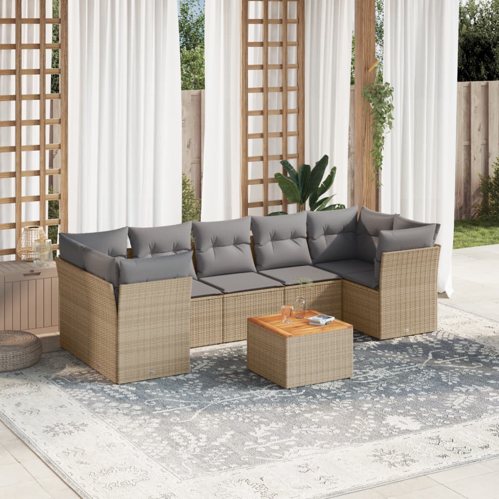 8-tlg. Garten-Sofagarnitur mit Kissen Beige Poly Rattan