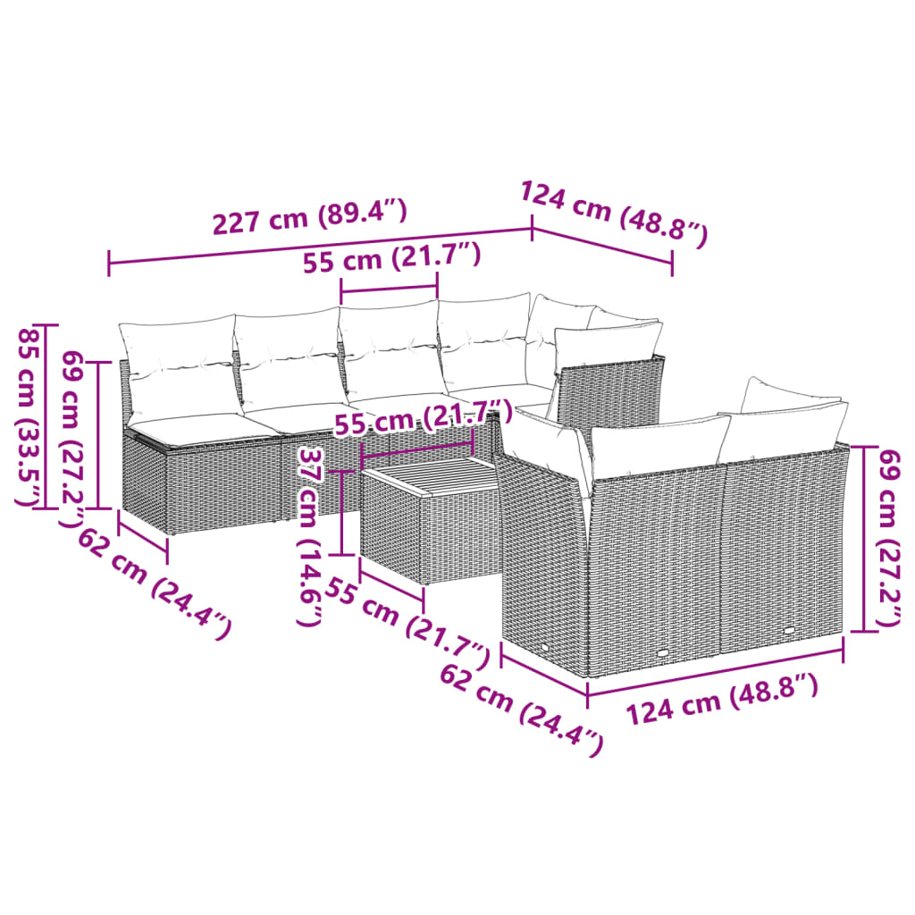 8-tlg. Garten-Sofagarnitur mit Kissen Beige Poly Rattan