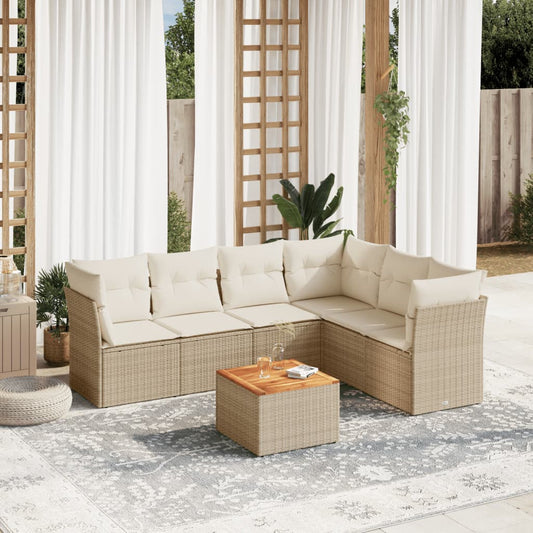 7-tlg. Garten-Sofagarnitur mit Kissen Beige Poly Rattan