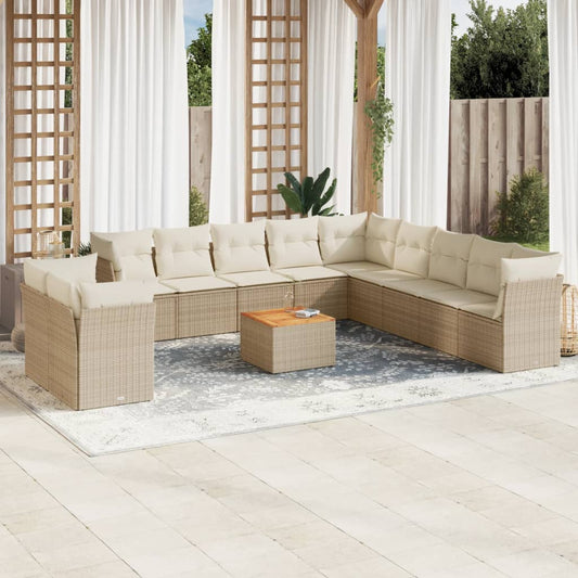 12-tlg. Garten-Sofagarnitur mit Kissen Beige Poly Rattan