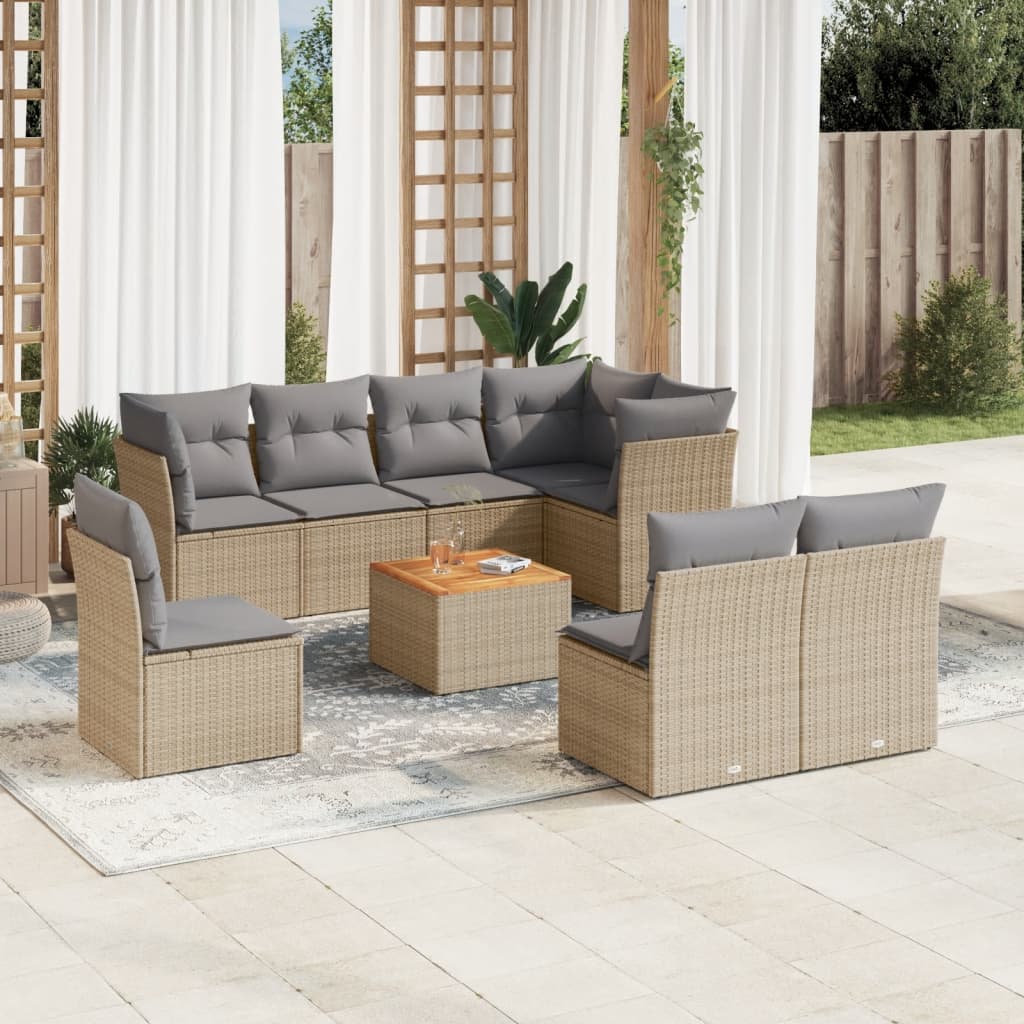 9-tlg. Garten-Sofagarnitur mit Kissen Beige Poly Rattan