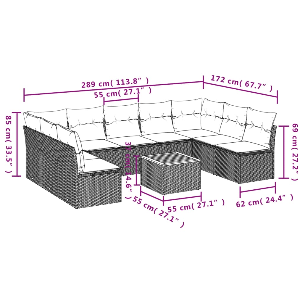 10-tlg. Garten-Sofagarnitur mit Kissen Schwarz Poly Rattan