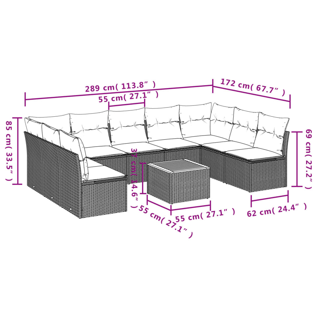 10-tlg. Garten-Sofagarnitur mit Kissen Grau Poly Rattan