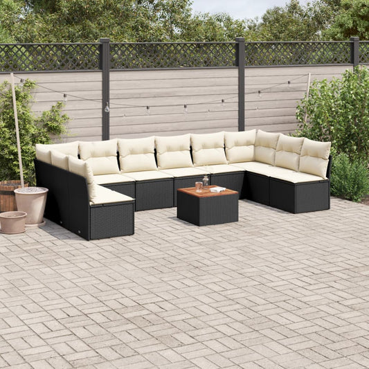 11-tlg. Garten-Sofagarnitur mit Kissen Schwarz Poly Rattan