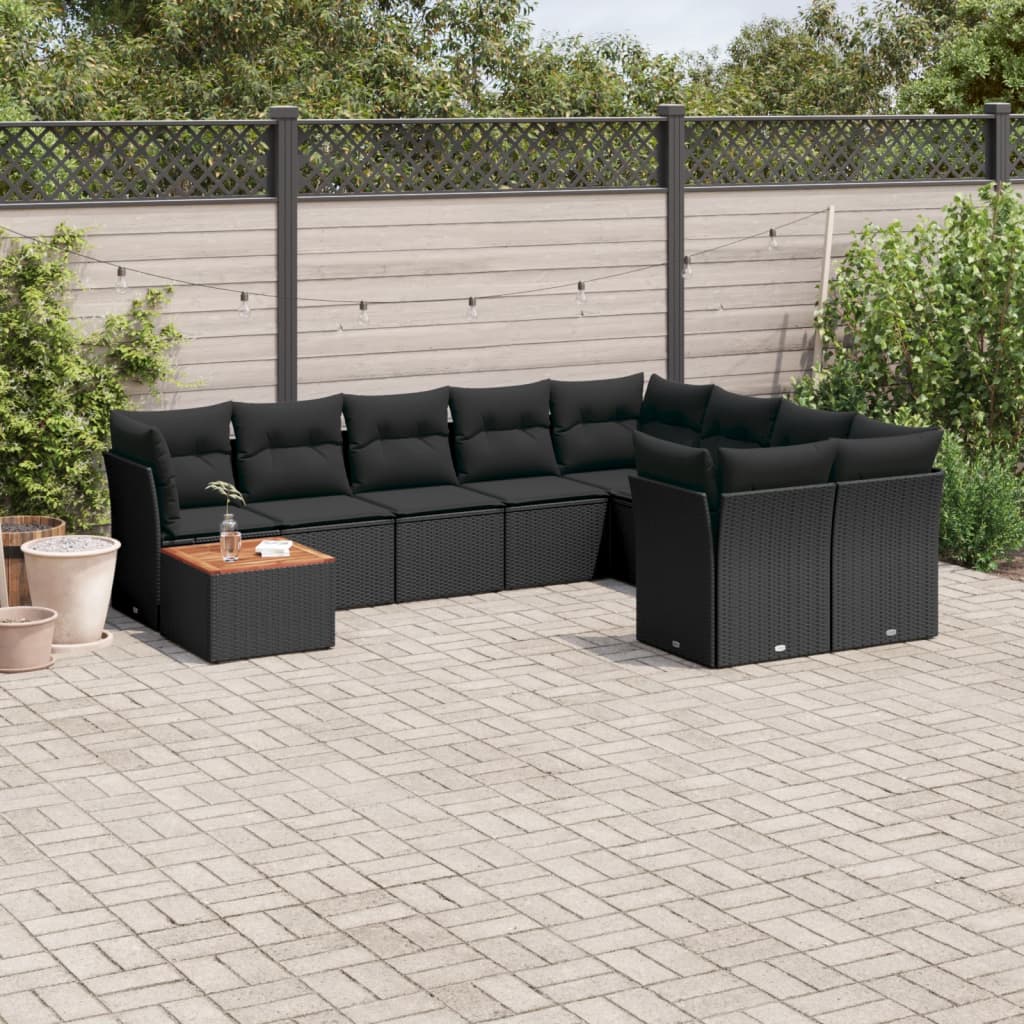 10-tlg. Garten-Sofagarnitur mit Kissen Schwarz Poly Rattan