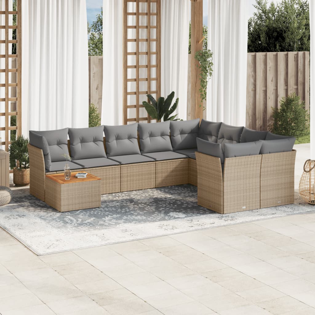 10-tlg. Garten-Sofagarnitur mit Kissen Beige Poly Rattan