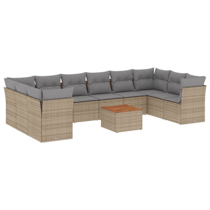 11-tlg. Garten-Sofagarnitur mit Kissen Beige Poly Rattan