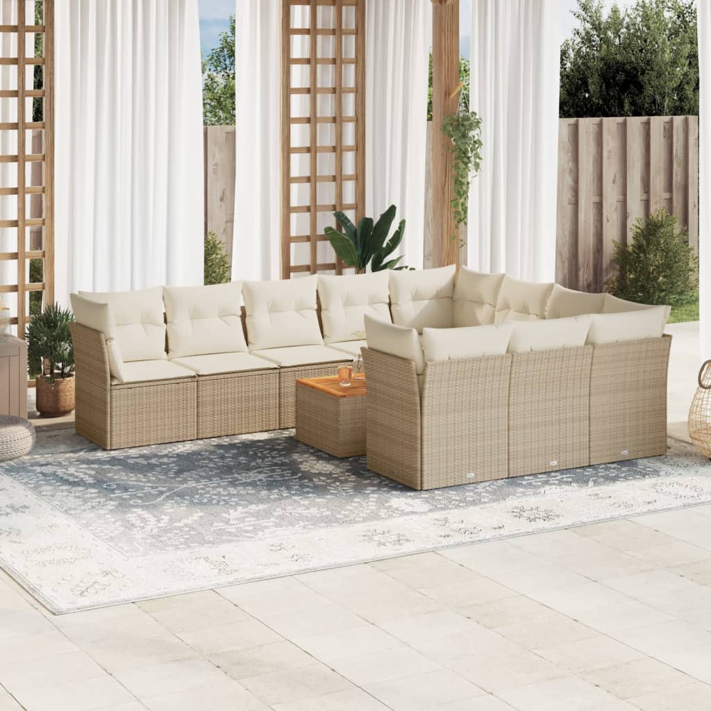 11-tlg. Garten-Sofagarnitur mit Kissen Beige Poly Rattan