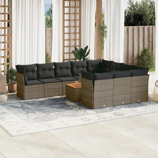 11-tlg. Garten-Sofagarnitur mit Kissen Grau Poly Rattan