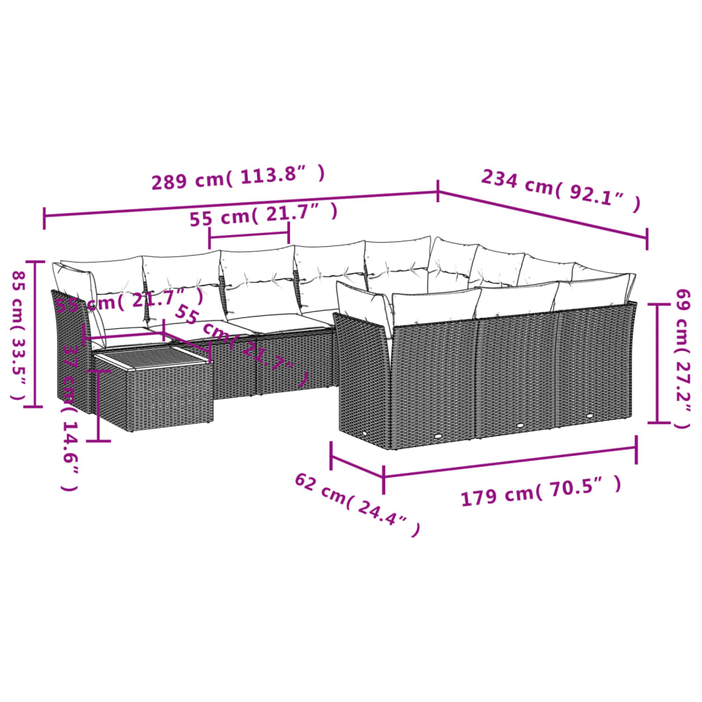 11-tlg. Garten-Sofagarnitur mit Kissen Grau Poly Rattan