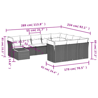 11-tlg. Garten-Sofagarnitur mit Kissen Grau Poly Rattan