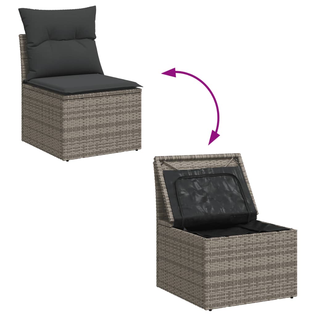 10-tlg. Garten-Sofagarnitur mit Kissen Grau Poly Rattan