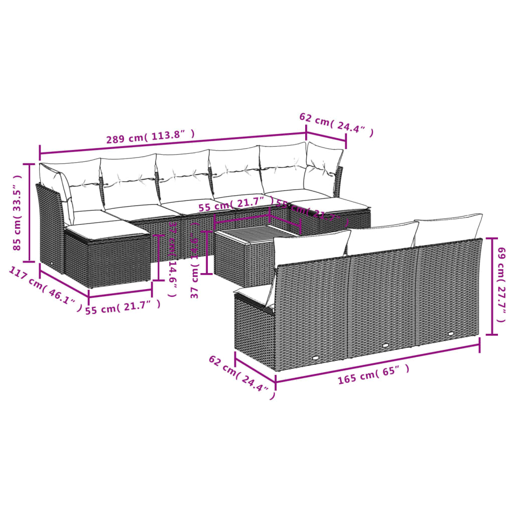 11-tlg. Garten-Sofagarnitur mit Kissen Beige Poly Rattan