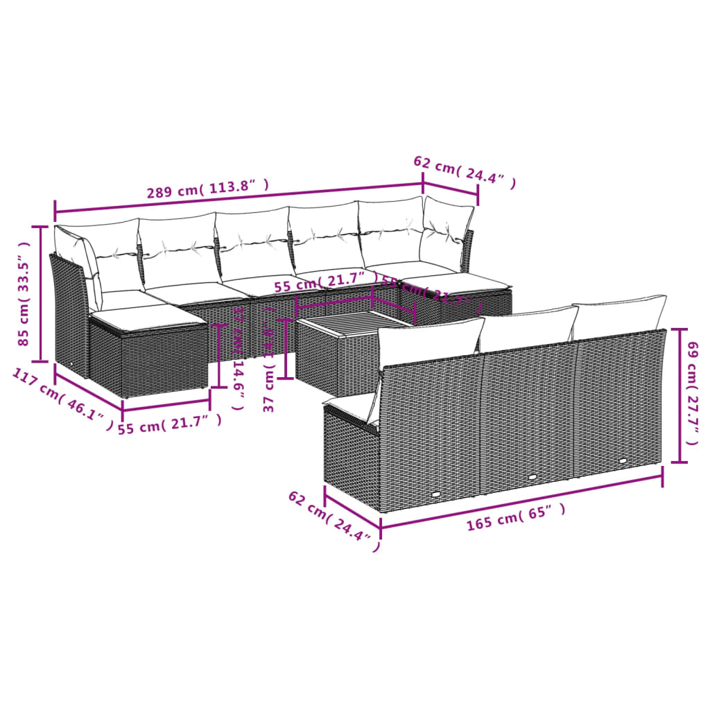 11-tlg. Garten-Sofagarnitur mit Kissen Grau Poly Rattan