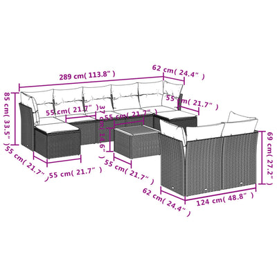 10-tlg. Garten-Sofagarnitur mit Kissen Schwarz Poly Rattan