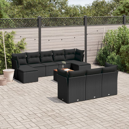 11-tlg. Garten-Sofagarnitur mit Kissen Schwarz Poly Rattan