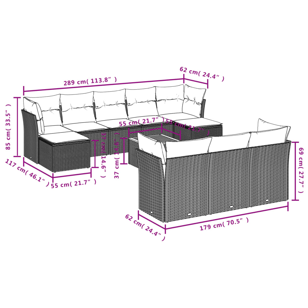 11-tlg. Garten-Sofagarnitur mit Kissen Beige Poly Rattan