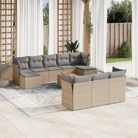 11-tlg. Garten-Sofagarnitur mit Kissen Beige Poly Rattan