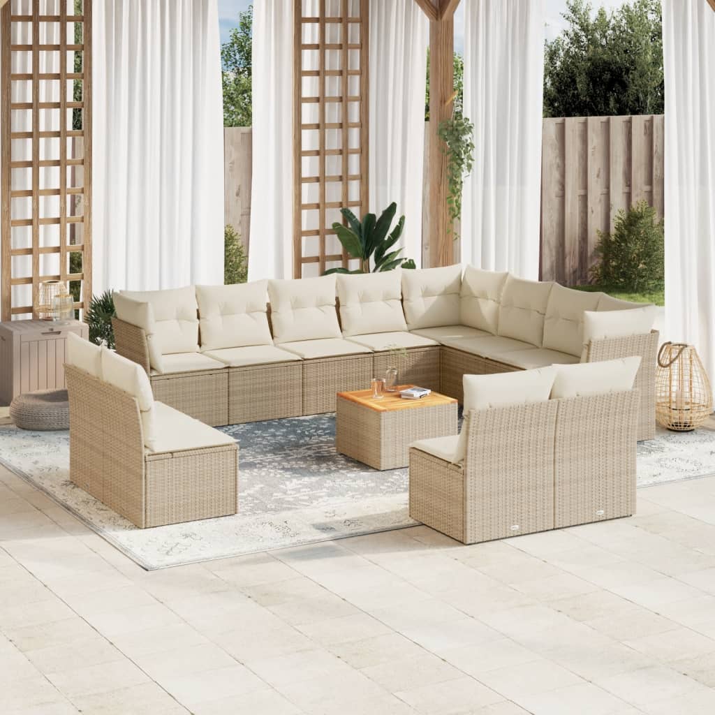 13-tlg. Garten-Sofagarnitur mit Kissen Beige Poly Rattan