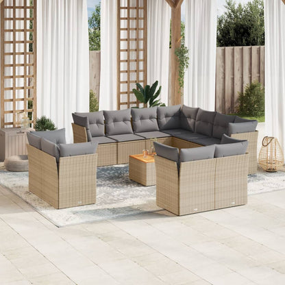 12-tlg. Garten-Sofagarnitur mit Kissen Beige Poly Rattan