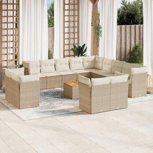 14-tlg. Garten-Sofagarnitur mit Kissen Beige Poly Rattan