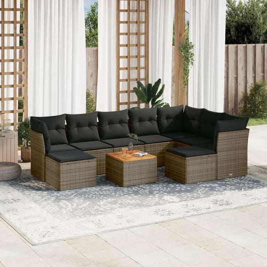 10-tlg. Garten-Sofagarnitur mit Kissen Grau Poly Rattan